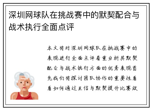 深圳网球队在挑战赛中的默契配合与战术执行全面点评